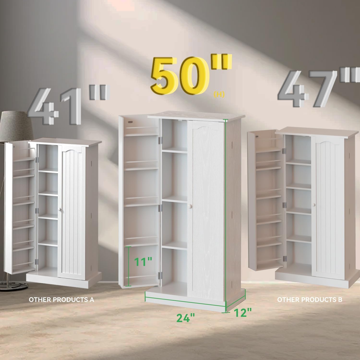 FJTJBSI 50" LED Kitchen Pantry Cabinet White Storage Cabinet Food Pantry with Doors and Adjustable Shelves Freestanding Buffet Cupboards Sideboard for Kitchen Living Room and Dinning Room