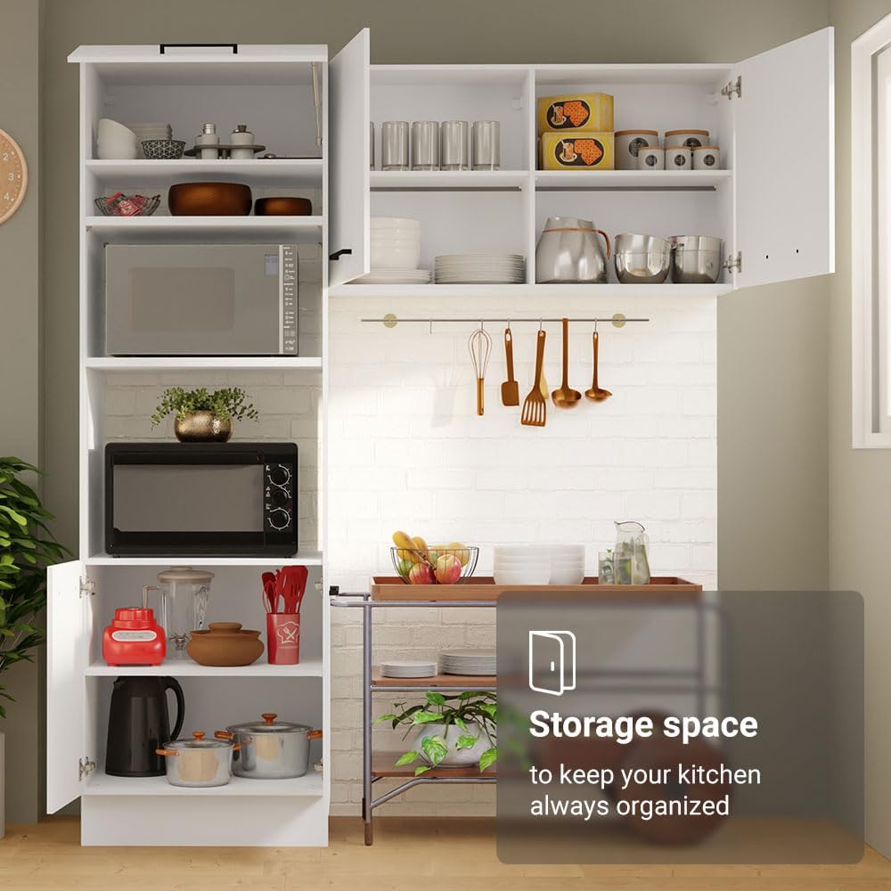 Madesa Hazel 2-Piece Kitchen Storage Set with 3 Doors 3 Open Shelves Pantry Cabinet and 2 Door Wall Cupboard 74 Inch Wooden Modern Organization Units for Pantry - White