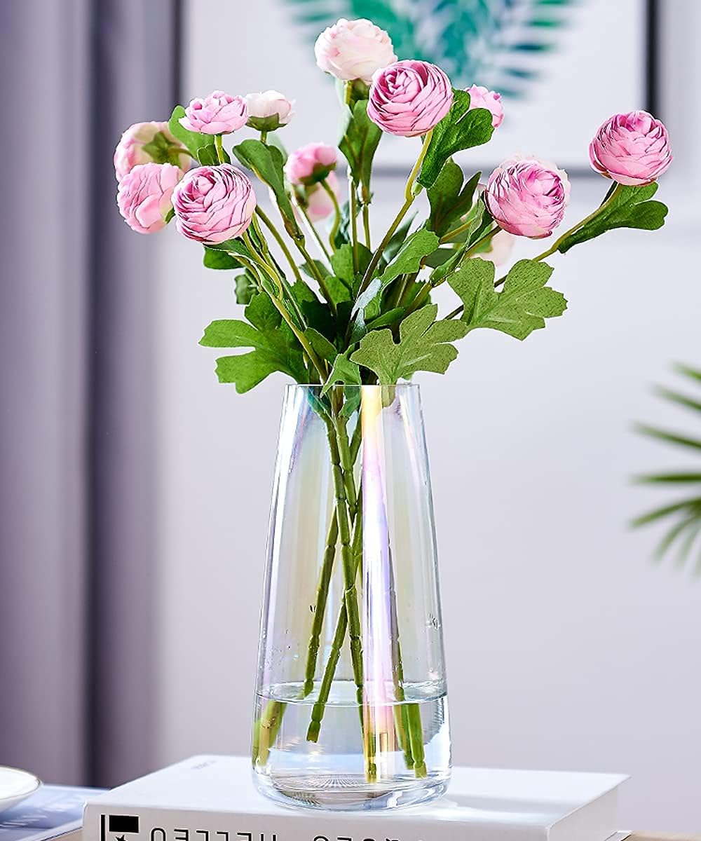 Aoderun Flower Vase Modern Home Decor Glass Vase for Bouquet 8.7" Centerpiece Decor Room Living Room Library Office Table Entryway Modern Farmhouse(Iridescent Clear)