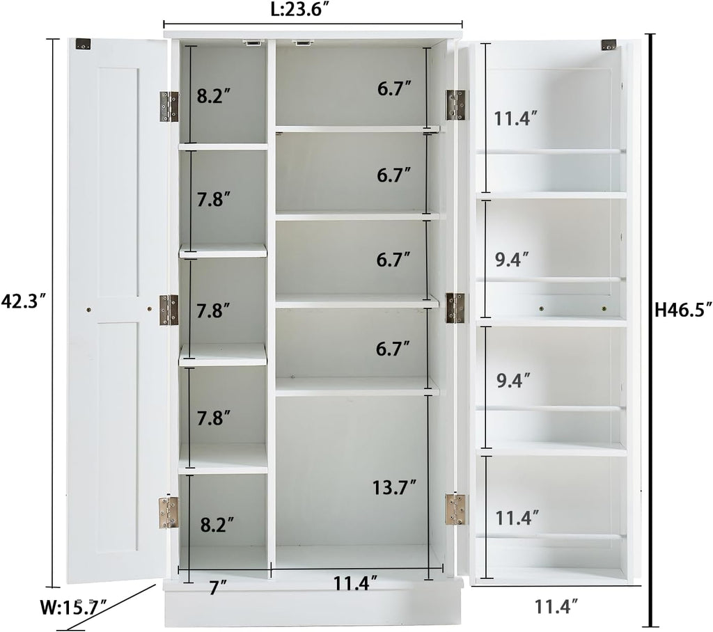 Kitchen Pantry Storage Cabinet - Freestanding Pantry Cabinet with 4 Doors & Adjustable Shelves, Small Food Pantry Cabinet for Kitchen, Dining Room Craft Room, Bathroom White