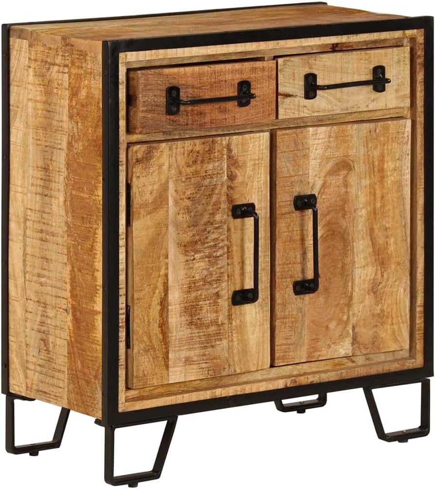 Solid Mango Wood Sideboard Cabinet Rustic Storage Furniture with Unique Grain Patterns and Decorative Inlays for Living Room Dining Area, 25.6 x 11.8 x 27.6 Inches