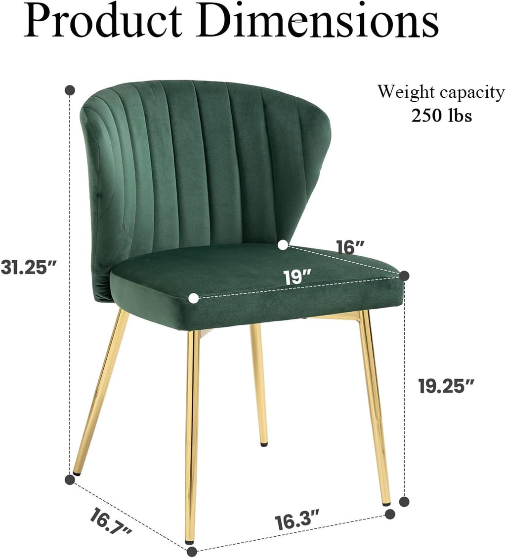 Velvet Dining Chairs Set of 2, Modern Upholstered Vanity Chairs with Golden Metal Legs for Dining Room Kitchen Vanity Patio (Green)