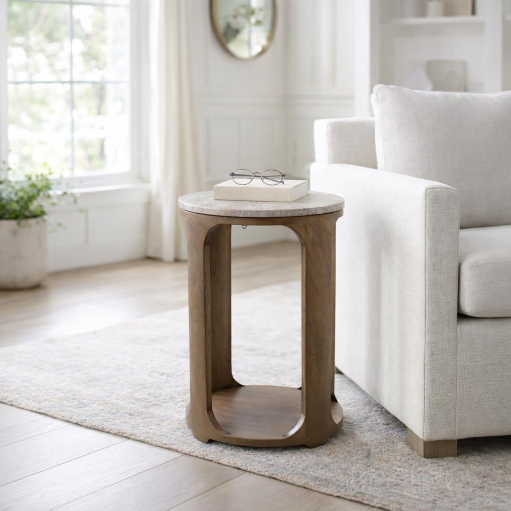 Modern Round End and Side Table for Home Decor - Mango Wood Accent for Small Spaces and Room - Decorative Night Stand or Bedside Drink Table for Bedroom and Living Room Display - 23", Brown & Tan