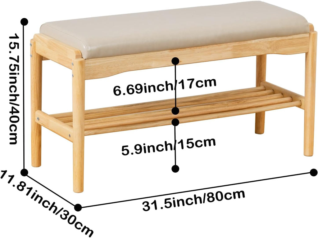 SOBIBO Entryway Shoe Bench with Cushioned Seat, 2-Tier Rubberwood Shoe Rack Storage Organizer for 8-12 Pairs, 31.5" Shoe Storage Bench (Beige & Natural Wood)
