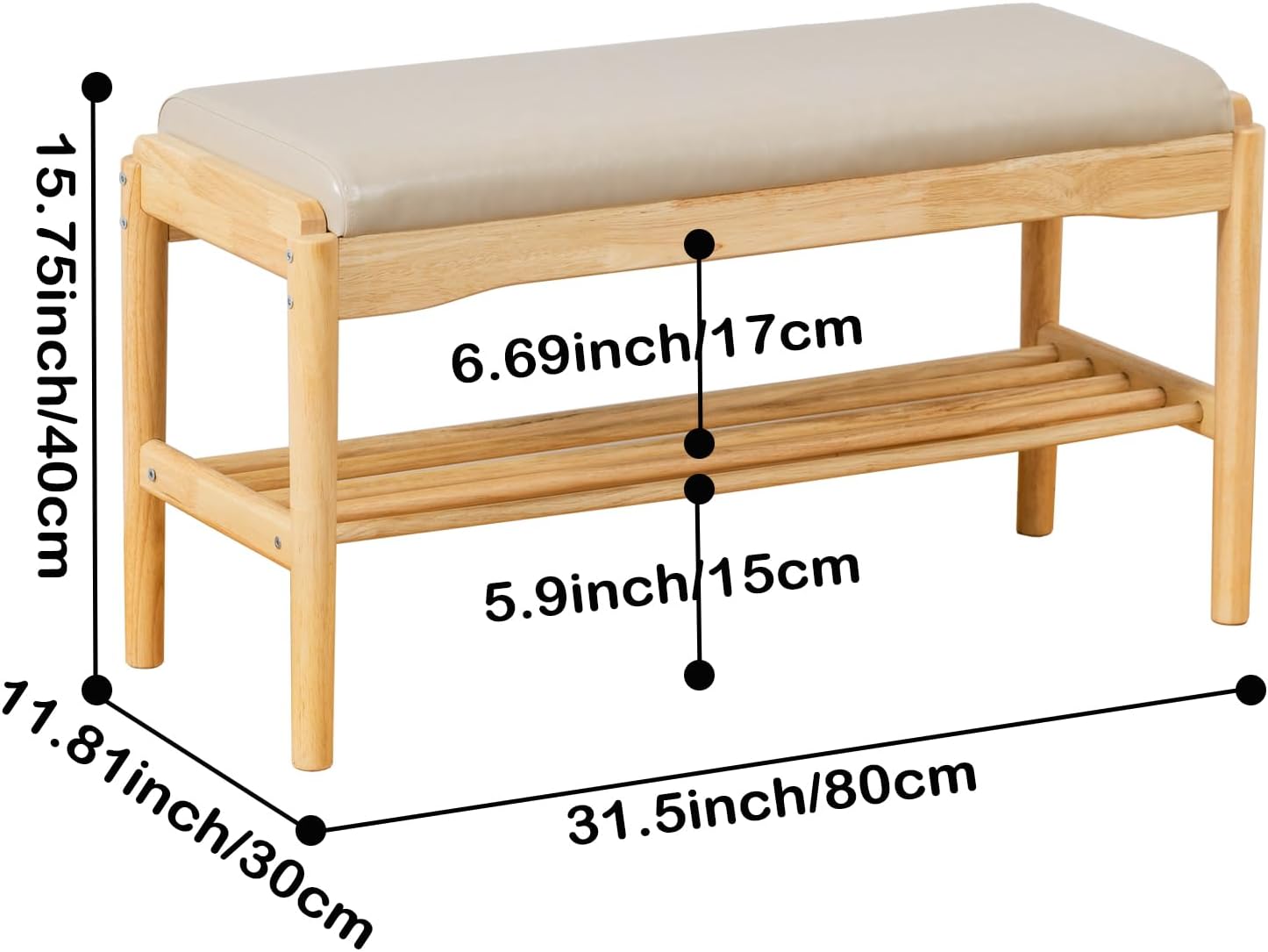 SOBIBO Entryway Shoe Bench with Cushioned Seat, 2-Tier Rubberwood Shoe Rack Storage Organizer for 8-12 Pairs, 31.5" Shoe Storage Bench (Beige & Natural Wood)