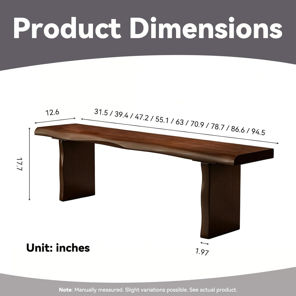 Solid Wood Bench Farmhouse Entryway Bench ，1.9 inches Thick Entryway, Bedroom, Living Room Accent, Solid Wooden Slab, Rustic Furniture, Wood with Clear Coat,Walnut (W70.9 X H17.7 X D12.6)