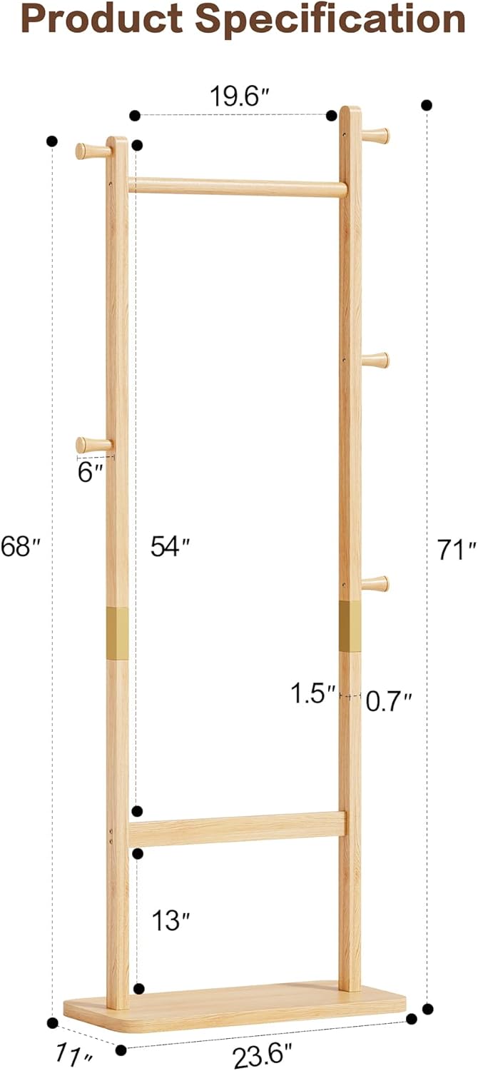Solid Wood Coat Rack, Freestanding Clothing Hanging stand with 5 Hooks, Clothes Rack Coat Tree Stand Hat Hanger Rack Hall Tree for Entryway Hallway Organizer for Bedroom, Living Room, Burly Wood