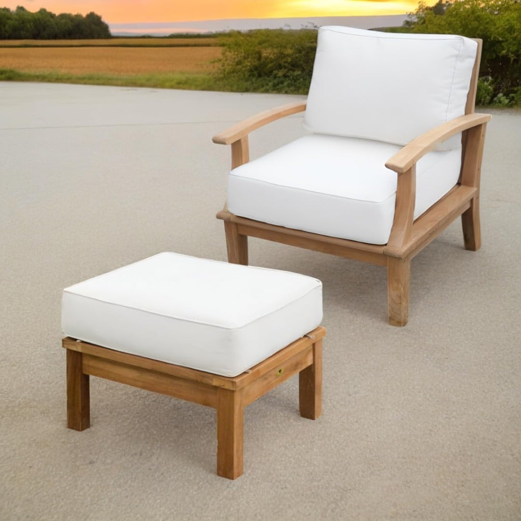 Alveare Home Alcove Outdoor Ottoman – Grade-A Teak Frame with All-Weather Sunproof Cushion, Stainless Steel Hardware, Classic Patio Seating or Footrest, White