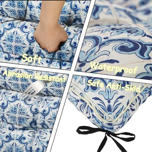Porch Swing Cushion Three Seat, Waterproof Swing Cushions Replacement with Backrest, Outdoor Garden Furniture Patio 4" Thickened Cushions with Ties (Blue Print, 40 x 63in)