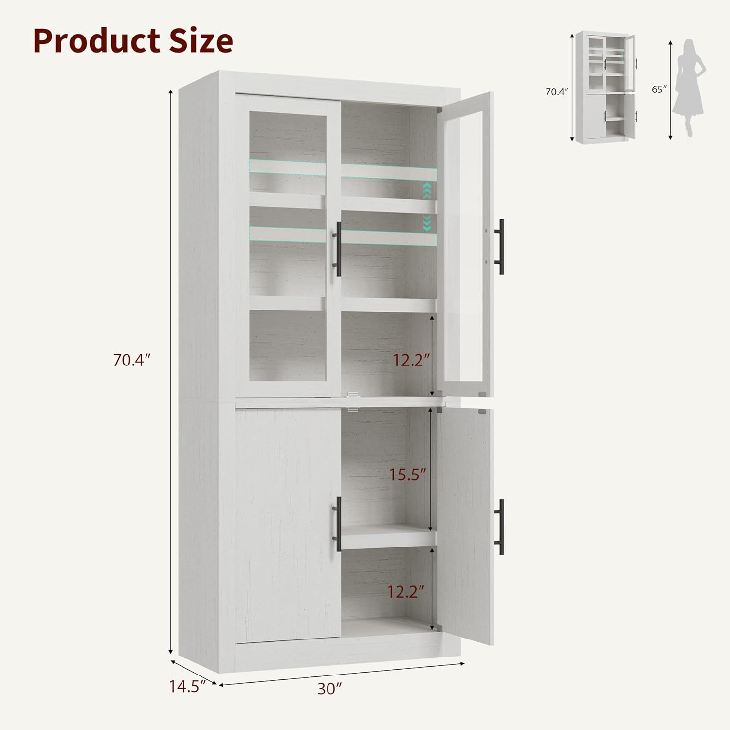 Tall Farmhouse Kitchen Pantry Cabinet, Wood Cabinet with 4 Doors & Adjustable Shelves, Sturdy Frame, Anti-Tip Design, Bookcase for Kitchen/Dining/Office, 70.45 Inches, Rustic White-Glass