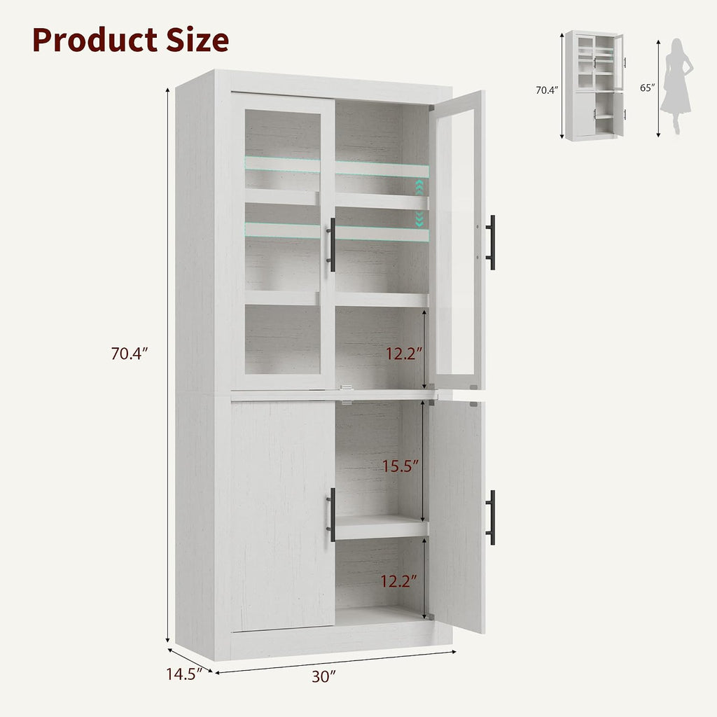 Tall Kitchen Pantry Cabinet, Farmhouse Kitchen Pantry Storage Cabinet Wood, 70.45" Large Cupboard with 4 Doors & Adjustable Shelves for Kitchen Storage, Dining, Office, Rustic White