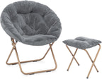 Athena Collection Round Saucer Chair with Ottoman Set for Adults, Oversize Comfy Cozy Faux Fur Folding Reading Chair with Metal Leg Lazy Relaxing for Living Room Bedroom Dorm Apartment, Grey