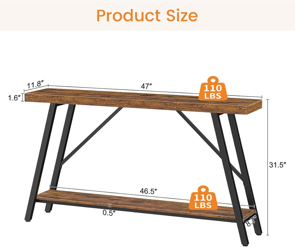 Snughome Entryway Table, 47.2" Long Console Table with 2 Tier Storage Shelf, Sofa Table Behind Couch, Extra Large Entry Table for Entryway,Living Room,Hallway, Foyer, Supports 220 LBS, Rustic Brown
