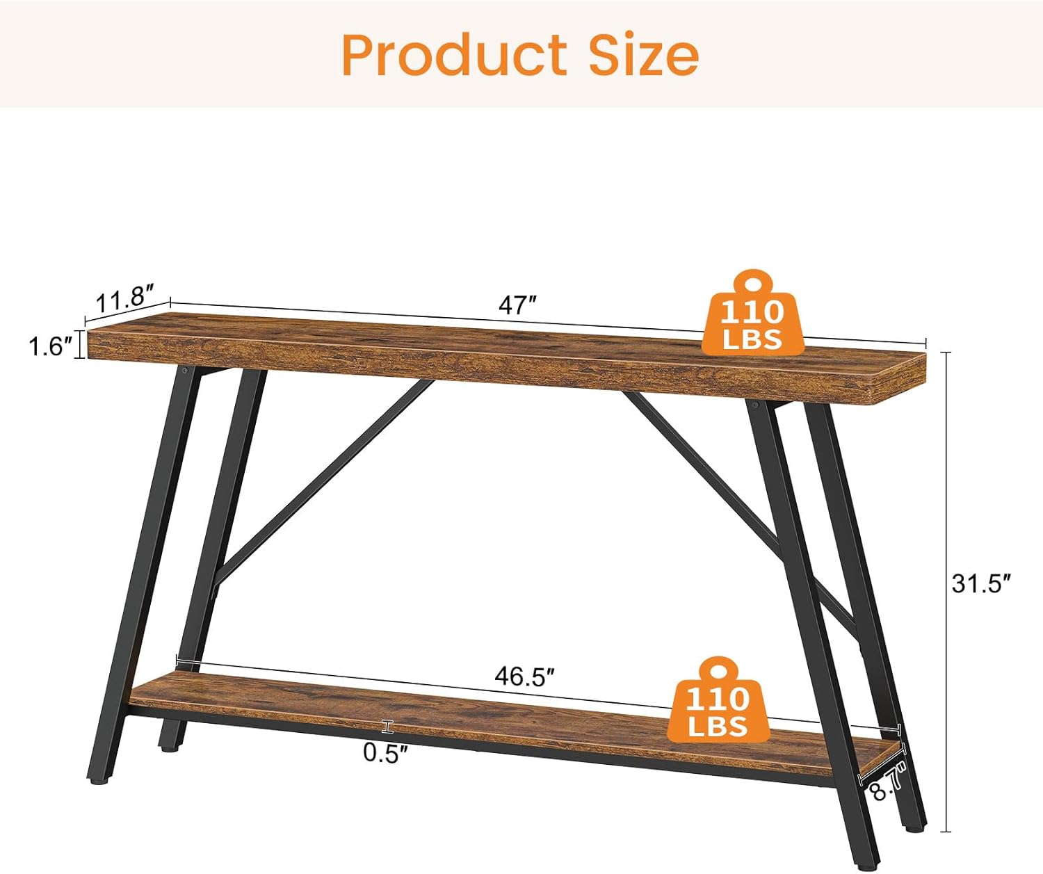 Snughome Entryway Table, 47.2" Long Console Table with 2 Tier Storage Shelf, Sofa Table Behind Couch, Extra Large Entry Table for Entryway,Living Room,Hallway, Foyer, Supports 220 LBS, Rustic Brown