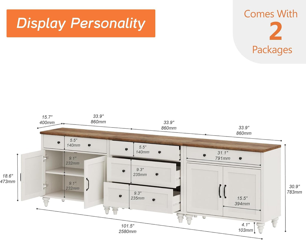 WAMAPT Large Buffet Cabinets with Wood Doors, Kitchen Storage Cabinets, Wooden Coffee Bar Tables with Vintage Gourd Leg, Sideboard Credenza Table for Dining Room, Living Room, Antique White