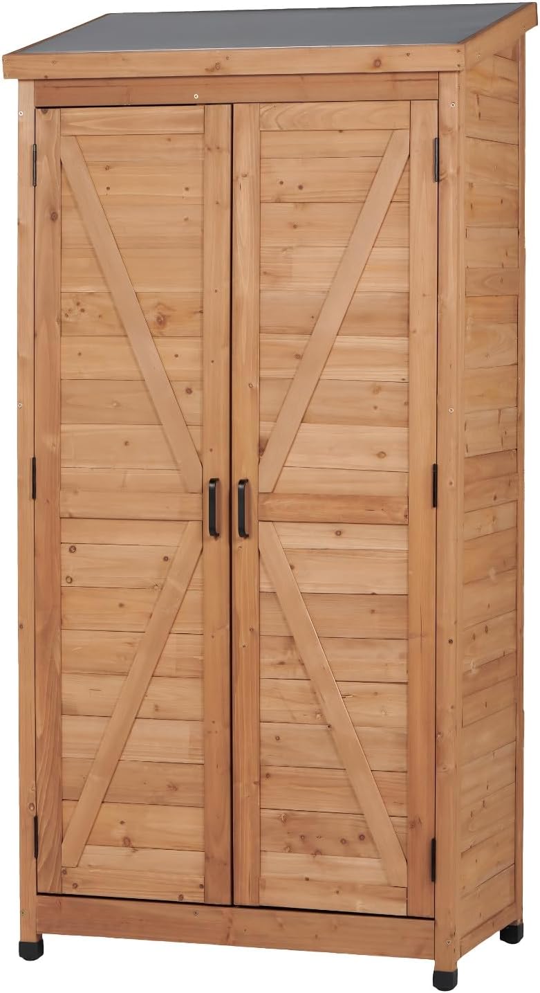 Outdoor Metal Top Wooden 3 Adjustable Shelves Storage Sheds Garden(Light Brown)