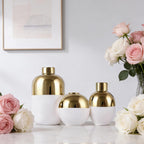 White & Gold Ceramic Vase Set of 3, Modern Round Circle Electroplated Two-Tone Decorative Vases for Pampas Grass, Dining Table Wedding Centerpiece, Living Room Bedroom Office Bookshelf