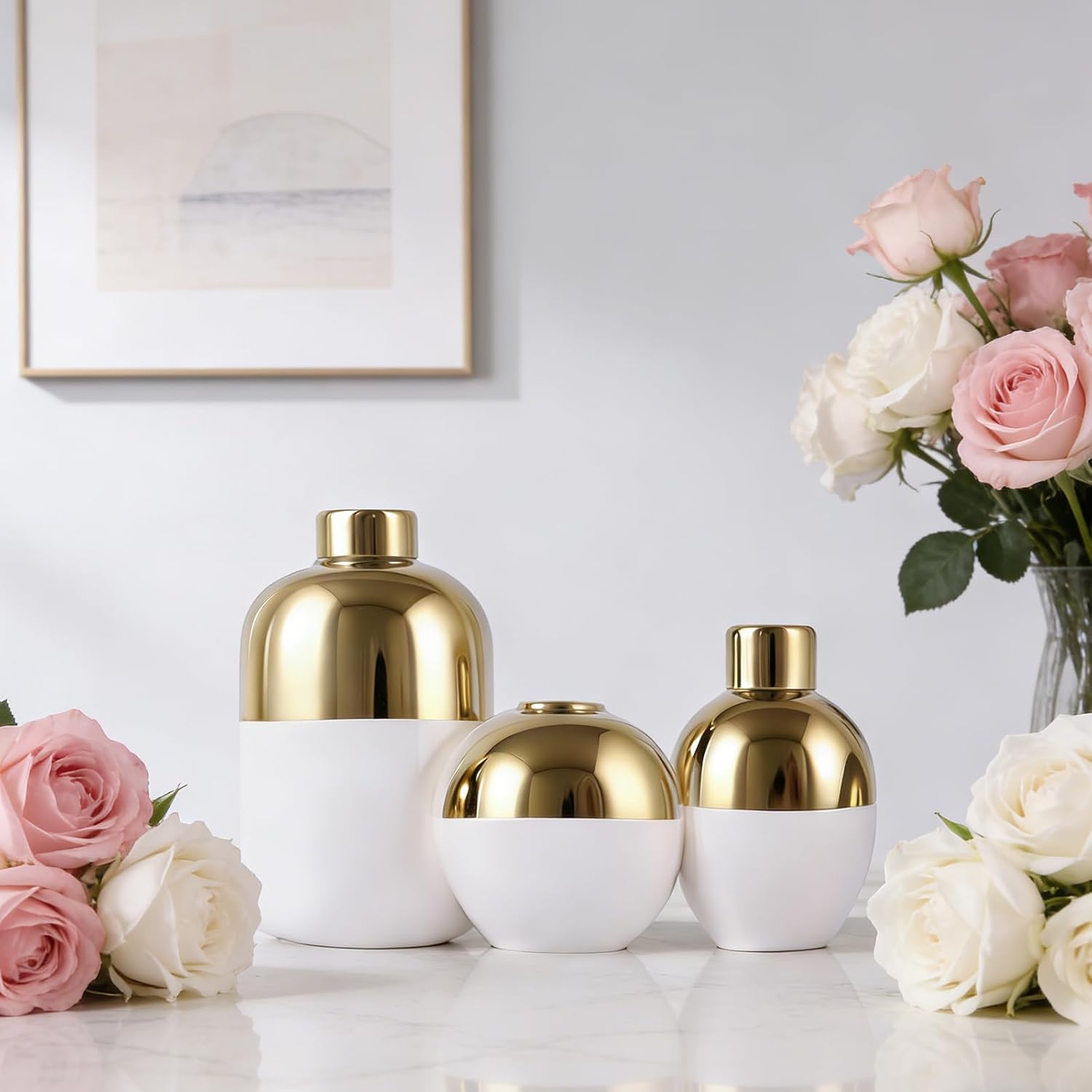 White & Gold Ceramic Vase Set of 3, Modern Round Circle Electroplated Two-Tone Decorative Vases for Pampas Grass, Dining Table Wedding Centerpiece, Living Room Bedroom Office Bookshelf
