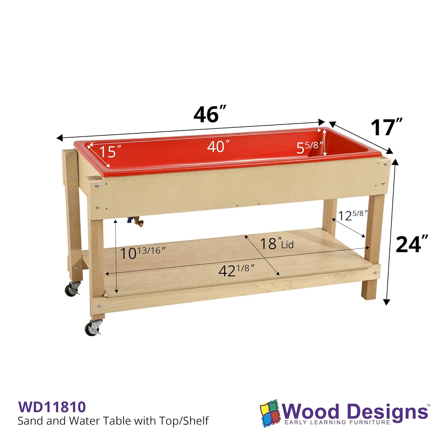 Wood Designs Sand and Water Sensory Play Table, Drainable Plastic Tub with Lid, Sturdy Birch Plywood Built for Kids, Daycare, Classroom 46" W x 17" D