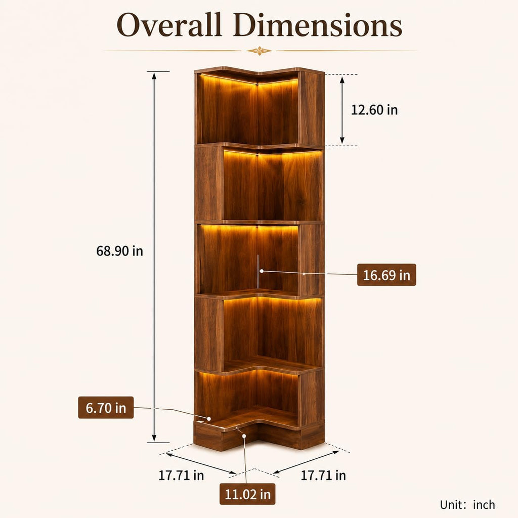 ODC 5-Tier Corner Bookshelf with LED Lights, Freestanding L-Shaped Corner Bookcase with Baffles, Wood Tall Corner Display Shelf Stand for Living Room, Study Room, Home Office - Walnut