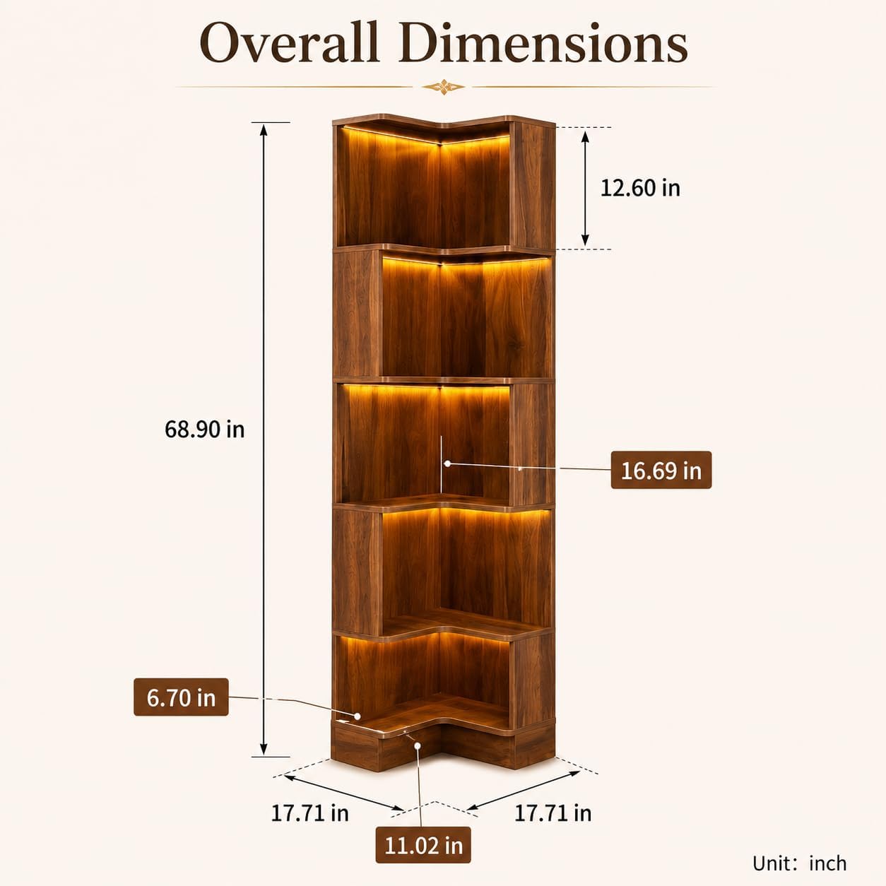 ODC 5-Tier Corner Bookshelf with LED Lights, Freestanding L-Shaped Corner Bookcase with Baffles, Wood Tall Corner Display Shelf Stand for Living Room, Study Room, Home Office - Walnut