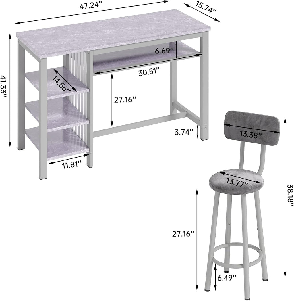 AWQM 3-Piece Bar Table and Chairs Set, Modern Gray Table with 2 PU Cushion Bar Stools, Kitchen Counter with 3 Tier Storage Shelves, Space Saving Table for Home & Kitchen, Black Frame