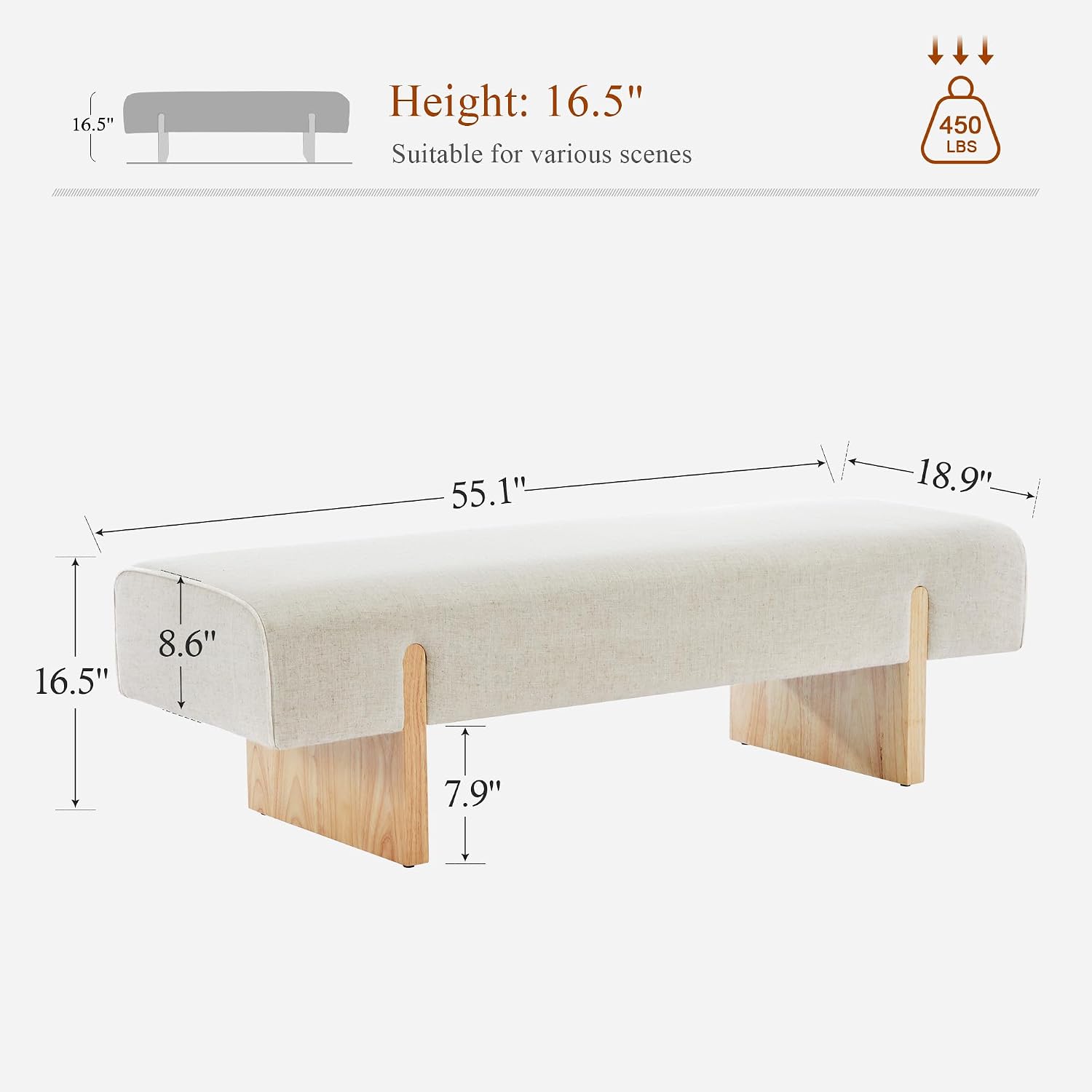 55’’ Upholstered End of Bed Bench, Linen Entryway Bench with Solid Wood Legs, Farmhouse Wooden Dining Room Bench for Bedroom, Living Room, Beige