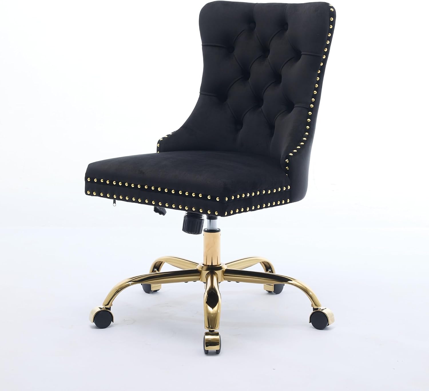 Modern Velvet Office Chair with Tufted Button Design, Adjustable Swivel Desk Chair with Golden Metal Base for Home and Office,Black