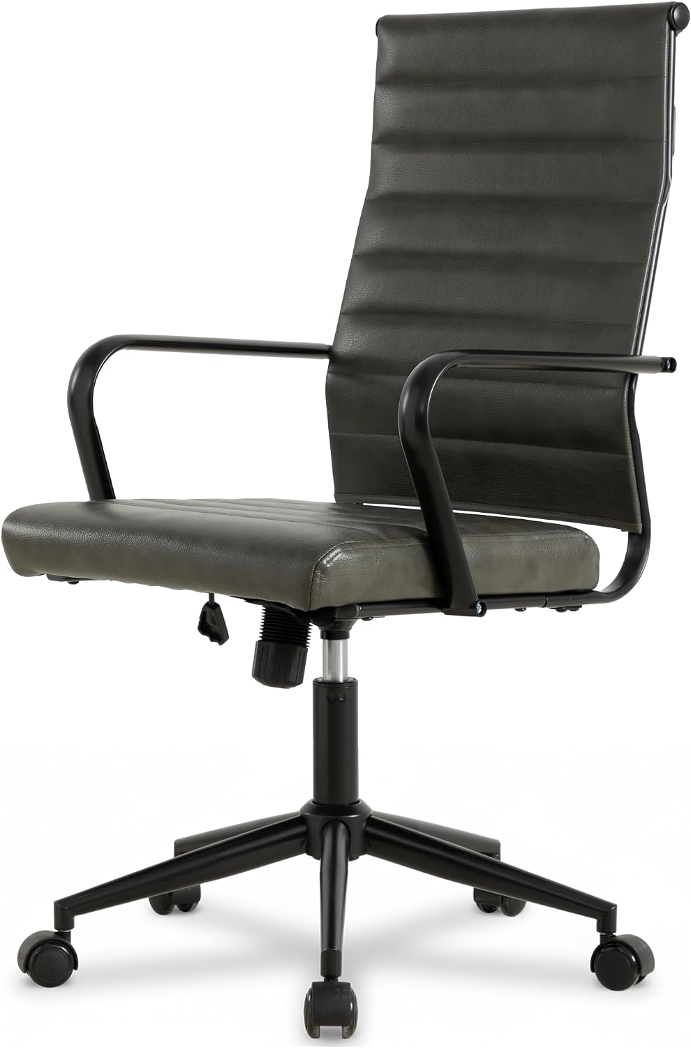 Okeysen Genuine Leather Office Chair, Mid-Century Modern Real Leather Conference Room Chairs, Ergonomic Executive Ribbed Height Adjustable Swivel Rolling Desk Chair for Home Office.