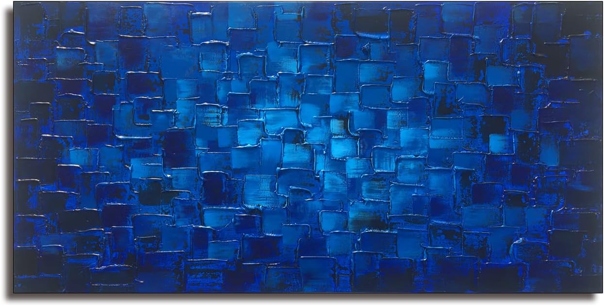 MyArton Textured Abstract Squares Canvas Wall Art Hand Painted Modern Dark Blue Oil Painting Picture for Home Decoration Ready to Hang 40x20inch