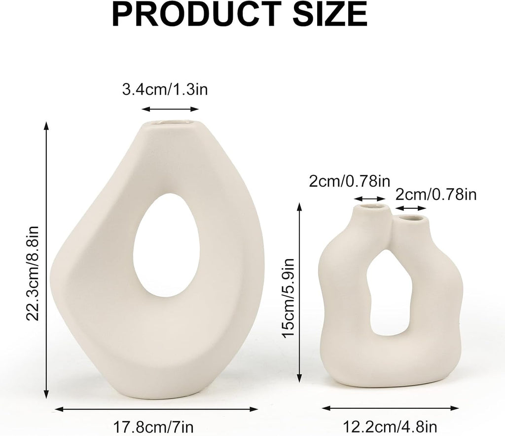 Ceramic Vase Set of 2, Modern Donut Vases for Nordic Minimalist Boho Home Decor, Centerpieces for Dining Tables Living Room Shelf Bookshelf Mantel Entryway Office House