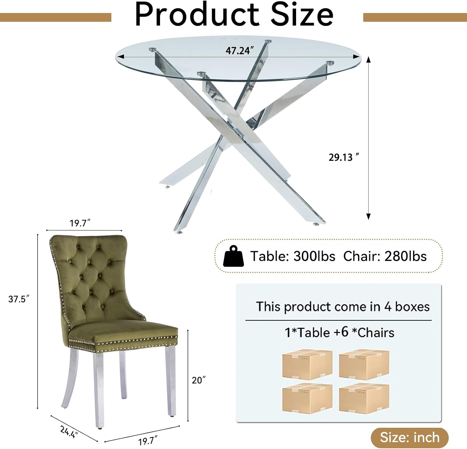 Henf 7 Piece Round Dining Table Set with 6 Upholstered Chairs, 47'' Glass Round Kitchen Table Set for 6, X-Shape Metal Legs, Modern Silver Glass Dining Table and Chair Set for 6