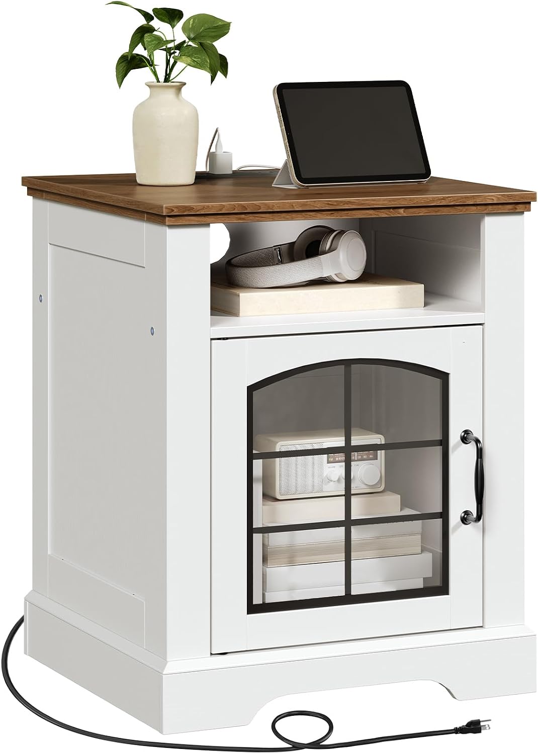HOOBRO Farmhouse End Tables Set of 2 for Living Room, 17.7" Wide Nightstands with Charging Station, Wooden Sofa Side Tables with Tempered Glass Barn Door and Open Shelf, White and Walnut