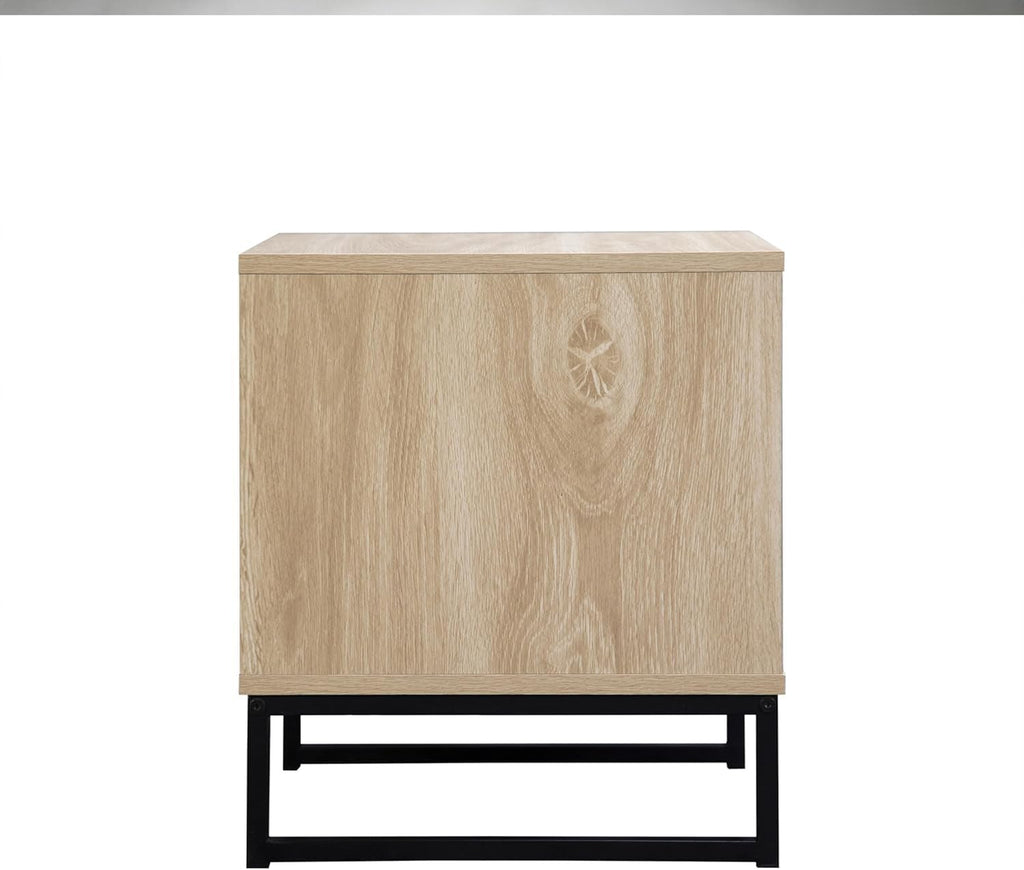 Birch Coastal Modern Side Table with Drawer Natural Wood Top with Black Metal Legs