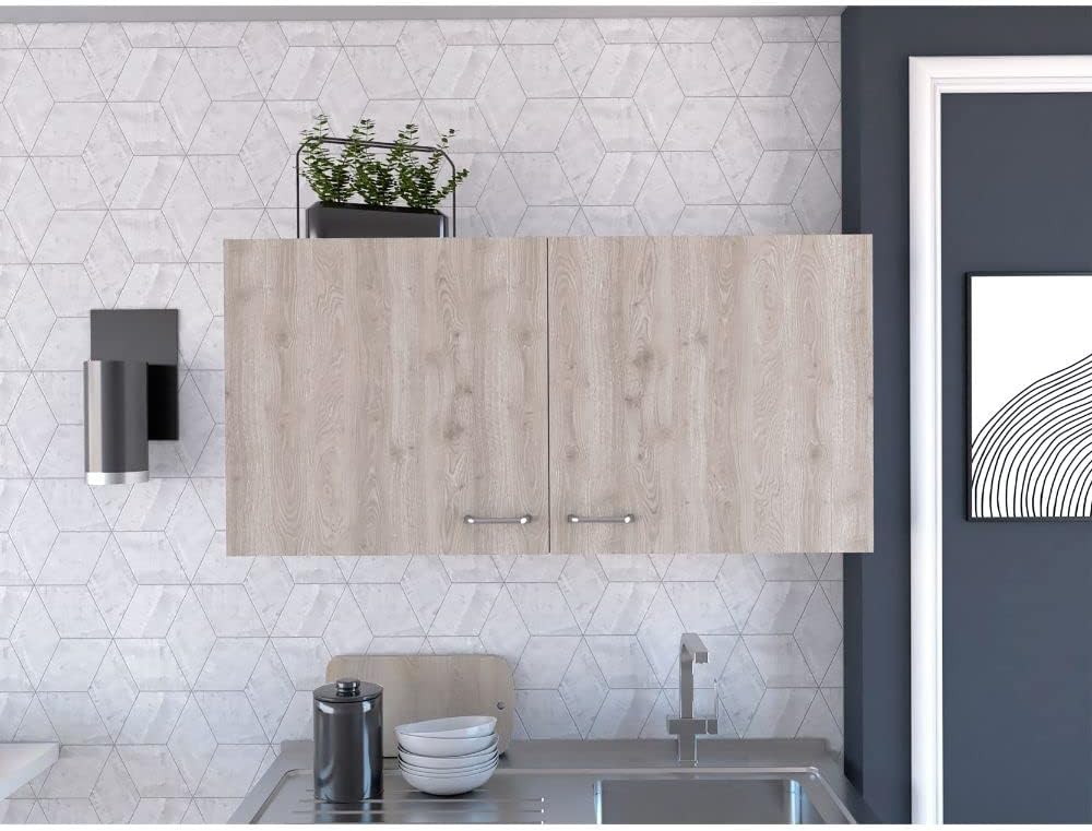 White and Light Grey 2-Door Wall Cabinet, 2-Compartment Kitchen Storage & Organization
