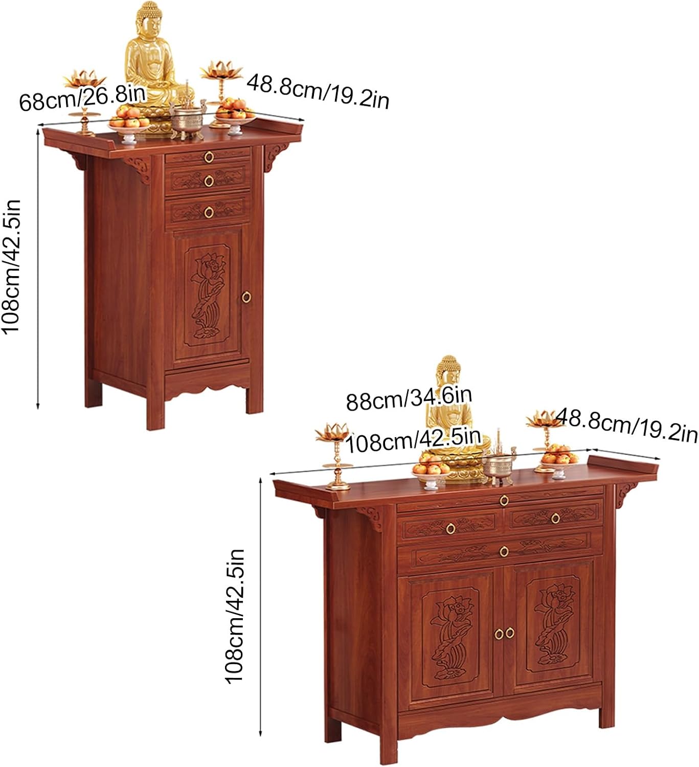 Bamboo Meditation Altar Table with Storage, Chinese Pooja Cabinet, Offering Table with Drawer, Buddhist Shrine Altar for Living Room, Small Spaces(88cm/34.6in)