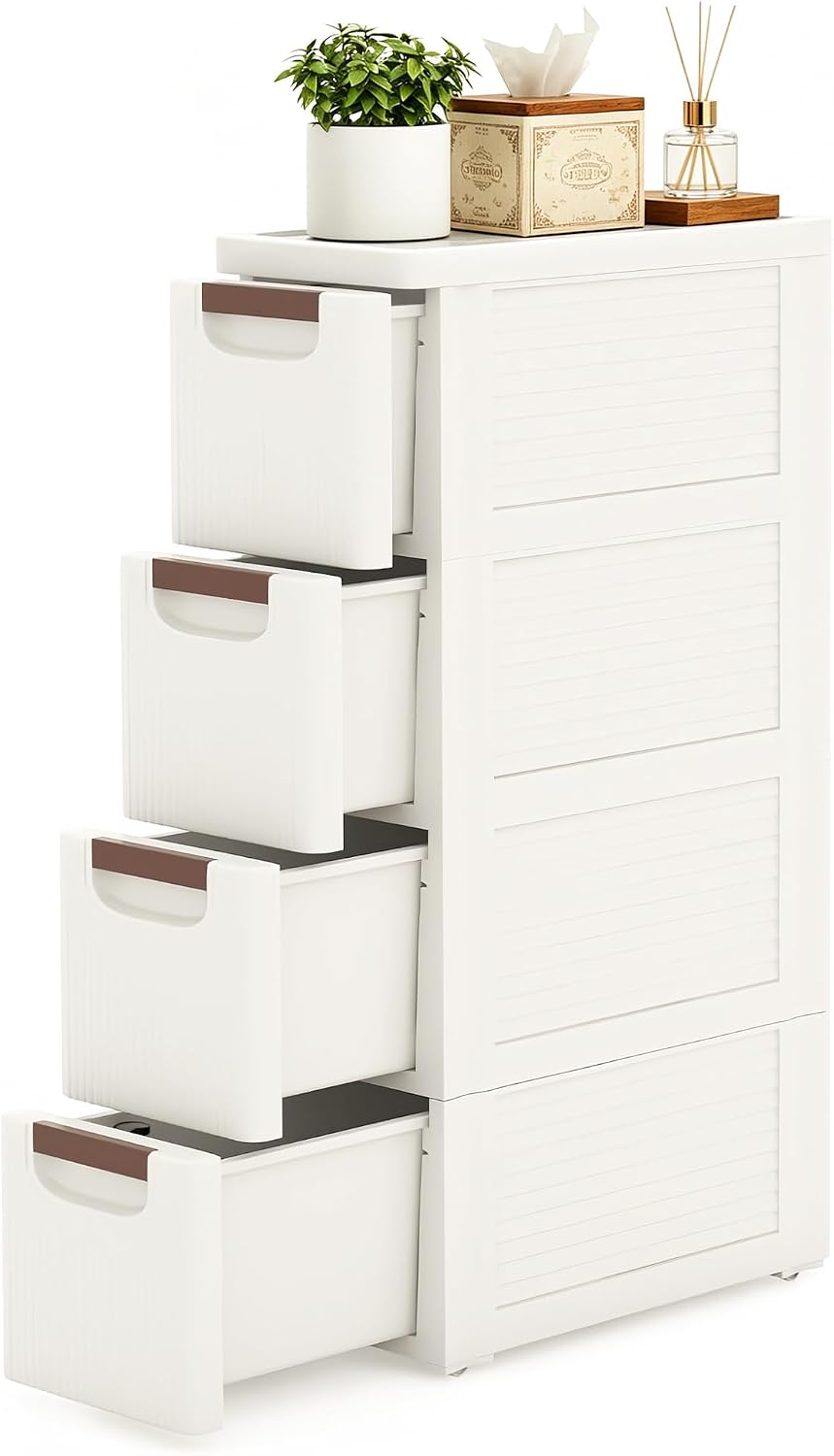 4 Drawers Narrow Bathroom Storage Cabinet, Slim Storage Cabinet, Plastic Slim Storage Cart Drawers for Small Spaces, Laundry, Office, Home, White