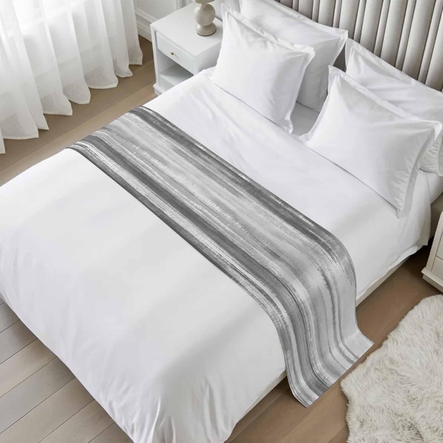 Gray Black Ombre Bed Runner King Size, Modern Abstract Art Oil Painting Bed Scarf Protector Slipcover for Bedroom Wedding Room Hotel, Bedding Runner Throws for Foot of Beds 94"x20"