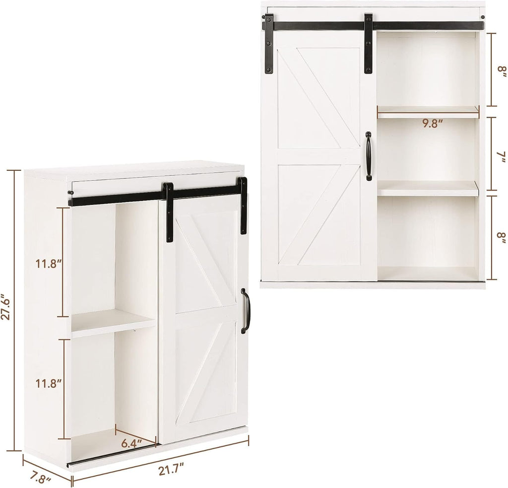 RUSTOWN Farmhouse Wood Wall Storage Bathroom Cabinet with Sliding Barn Door, Rustic Medicine Cabinet with Adjustable Shelf, 3-Tier Vintage Cabinet for Kitchen, Bathroom, Living Room (Vintage White)