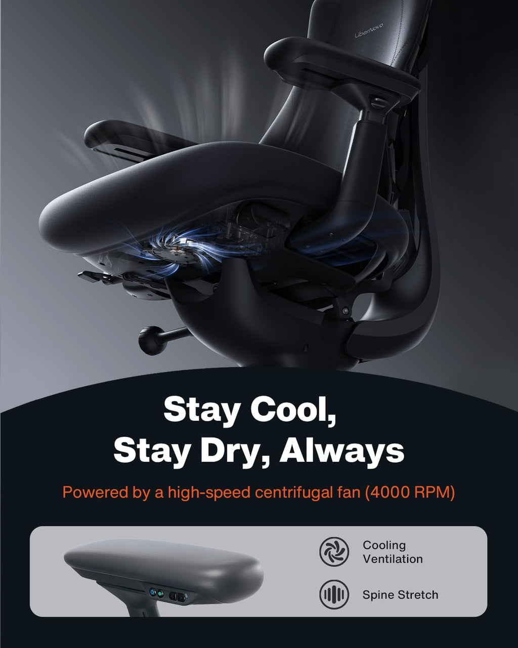 LiberNovo PRO Airflow Dynamic Ergonomic Chair with Footrest, Active Airflow Seat Ventilation, 2 Fan Speeds, Instant Cooling for Long-Lasting Comfort, 5 Recline, Built-in Spine Stretch, Graphite, 48cm