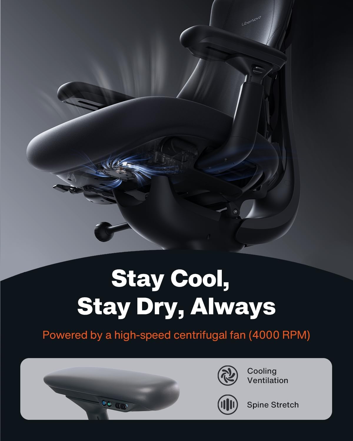LiberNovo PRO Airflow Dynamic Ergonomic Chair with Footrest, Active Airflow Seat Ventilation, 2 Fan Speeds, Instant Cooling for Long-Lasting Comfort, 5 Recline, Built-in Spine Stretch, Graphite, 48cm