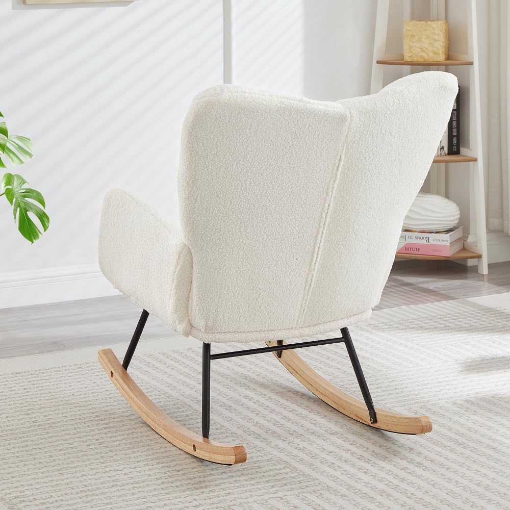 Glider Chair for Living Room Tufted Upholstered Teddy Fabric Rocking Chair with Metal Frame,Pink (Ivory + Teddy)
