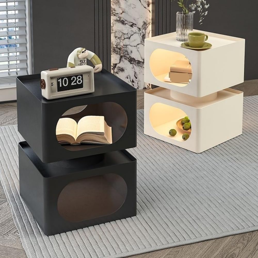 Modern Metal Square Nightstand 2-Tier Open Storage Small Bedside Table Sofa End Table for Living Room & Office Heavy Duty