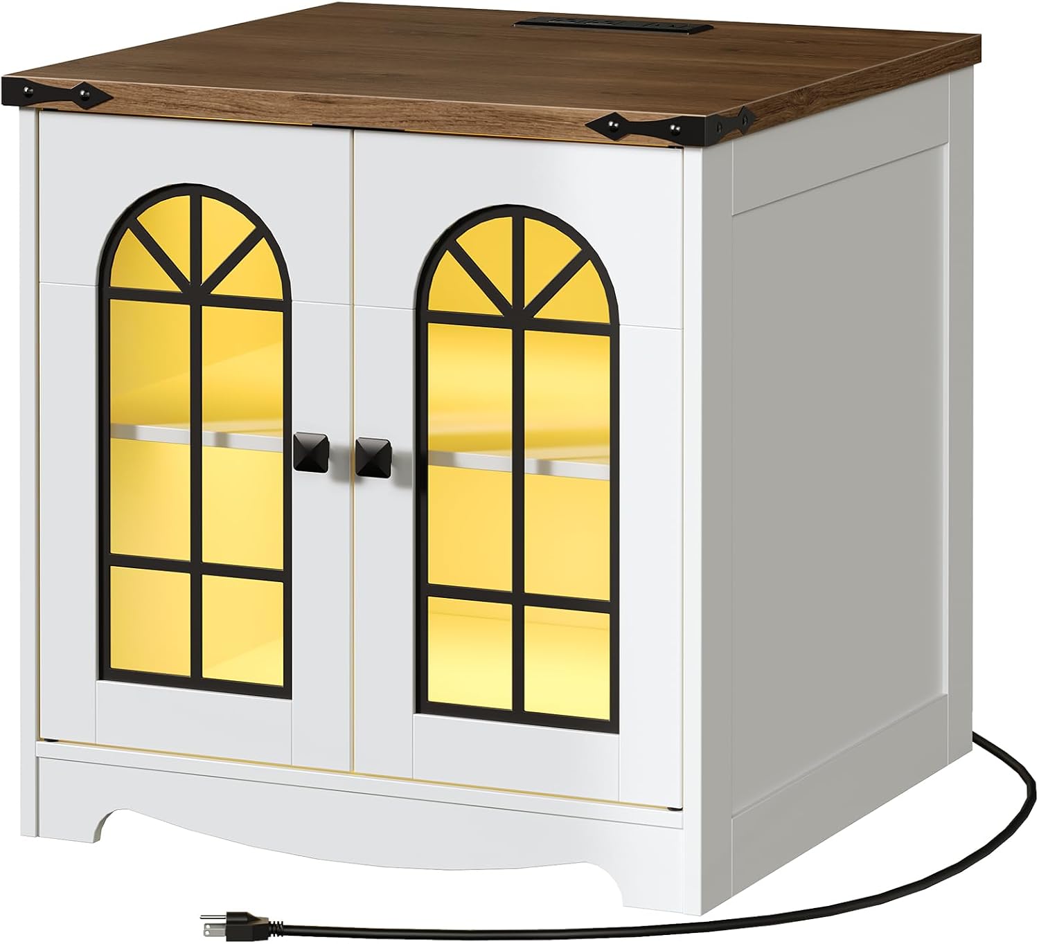 HOOBRO Farmhouse End Table, 23.6" Large Square Side Tables with Charging Station and LED Lights, Large End Table for Living Room, Wooden Nightstand with Glass Barn Door, White and Walnut WH604UDBZ01