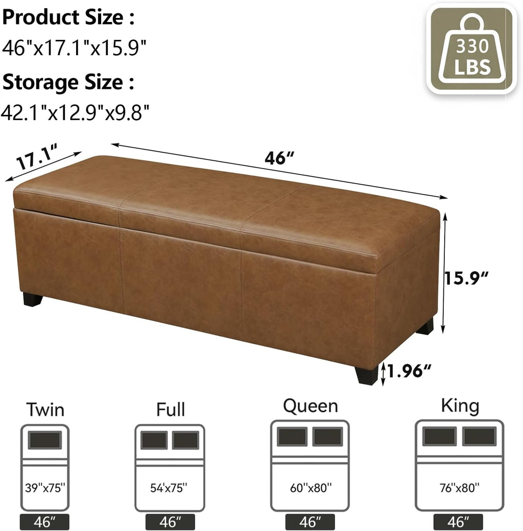 Joveco 47 Inch Storage Ottoman Bench,Tufted Leather Storage Bench with Nailhead Trim for Bedroom (47”,Ochre Yellow)
