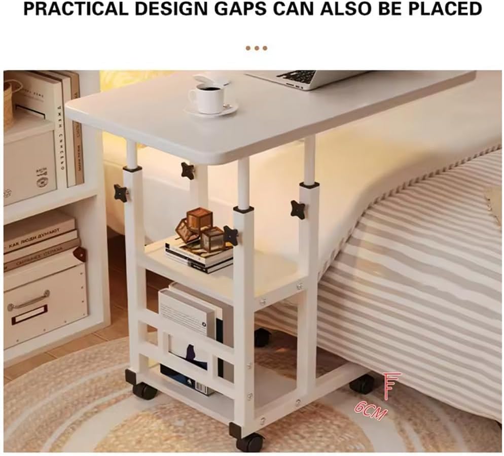 Height Adjustable c Table with Wheels, Small Overbed Tables, End Table with Storage Shelves, Sofa Desk Hospital Laptop Stand Drawing Desk Mobile Couch Snack Side Desks with Tiltable Drawing Board