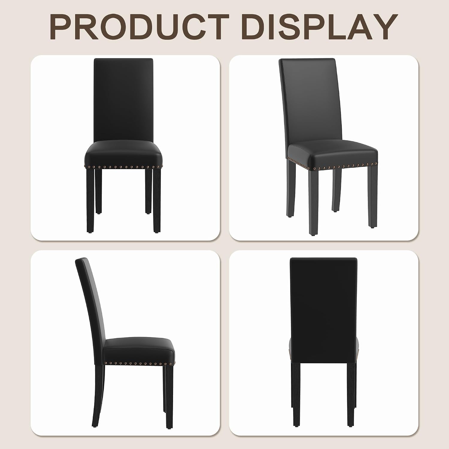 LSSBOUGHT Dining Chairs Set of 2, Modern Dining Room Chair,Upholstered Pu Leather Kitchen Chair with Vintage Copper Nail for Restaurant & Cafe(Black,2pcs)
