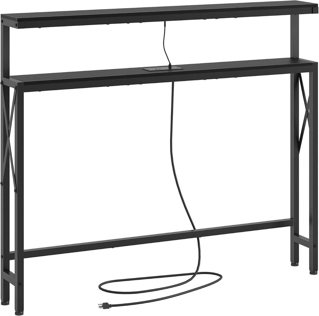 FAVOOSTY 46.8" Skinny Console Table with Charging Station and LED Light, 5.9" Narrow Sofa Table with Power Outlets and Type C & USB Port, Behind Couch Table for Living Room, Hallway, Entryway, Black