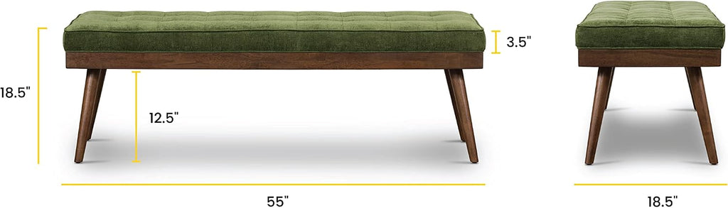 Poly & BARK Luca Fabric Bench – Tufted Upholstered Entryway or Bedroom Bench with Solid Wood Frame – Mid Century Inspired Seating in Fabric Green for Hallway, Living Room or End of Bed Use