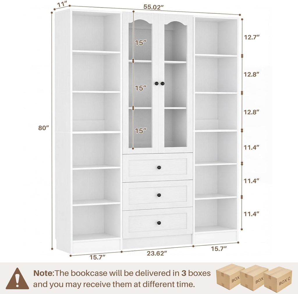 Cyclysio 3-Piece 80" Tall Pantry Cabinet Set, Large Kitchen Storage Cabinet with Arched Glass Doors and 3 Drawers, 6-Tier Open Shelving Unit with Baseboard Cutout for Flush-to-Wall Fit, White